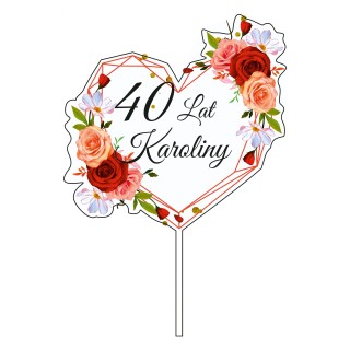 Topper na tort - urodziny + imię serce, kwiaty